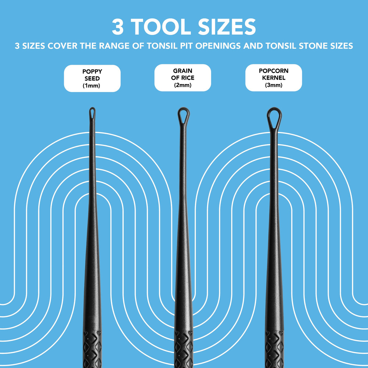 An image showing three sizes of tonsil stone removal tools on a blue background with text indicating their size equivalencies.