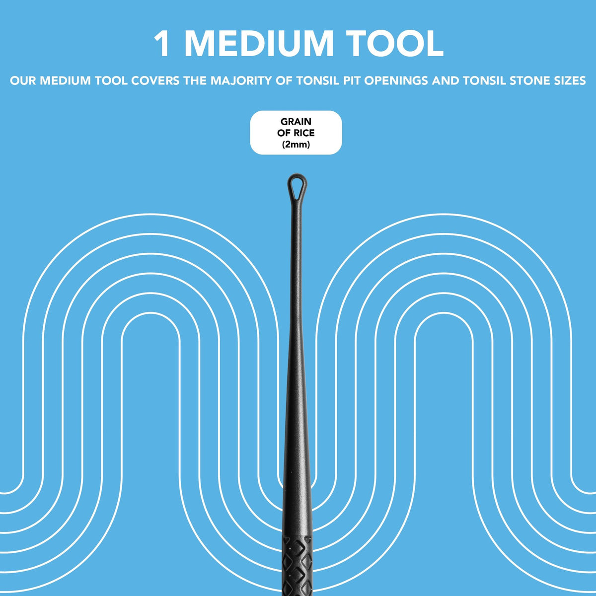 Black Medium Tonsil Stone Removal Tool with a blue background with text showing the sizing of the tool