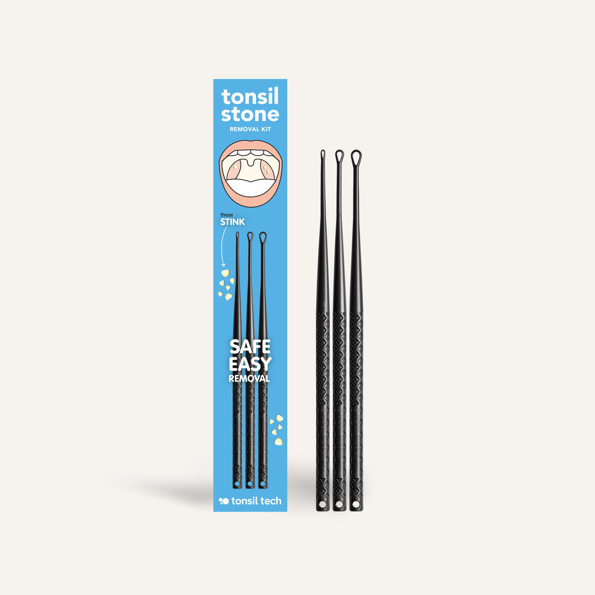 Tonsil Tech Tonsil Stone Removal Kit Product Box with 3 Tools On the Right with Varying Sizes: Small, Medium, and Large