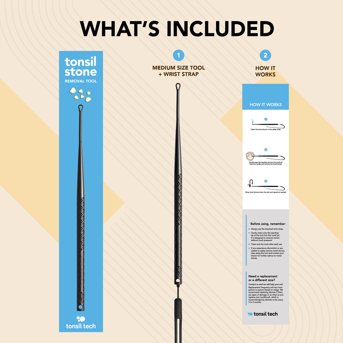 What's Included graphic showing a blue Tonsil Stone Removal Kit box, a black Medium Size Tool + black wrist strap, and an instruction sheet included in the box. 